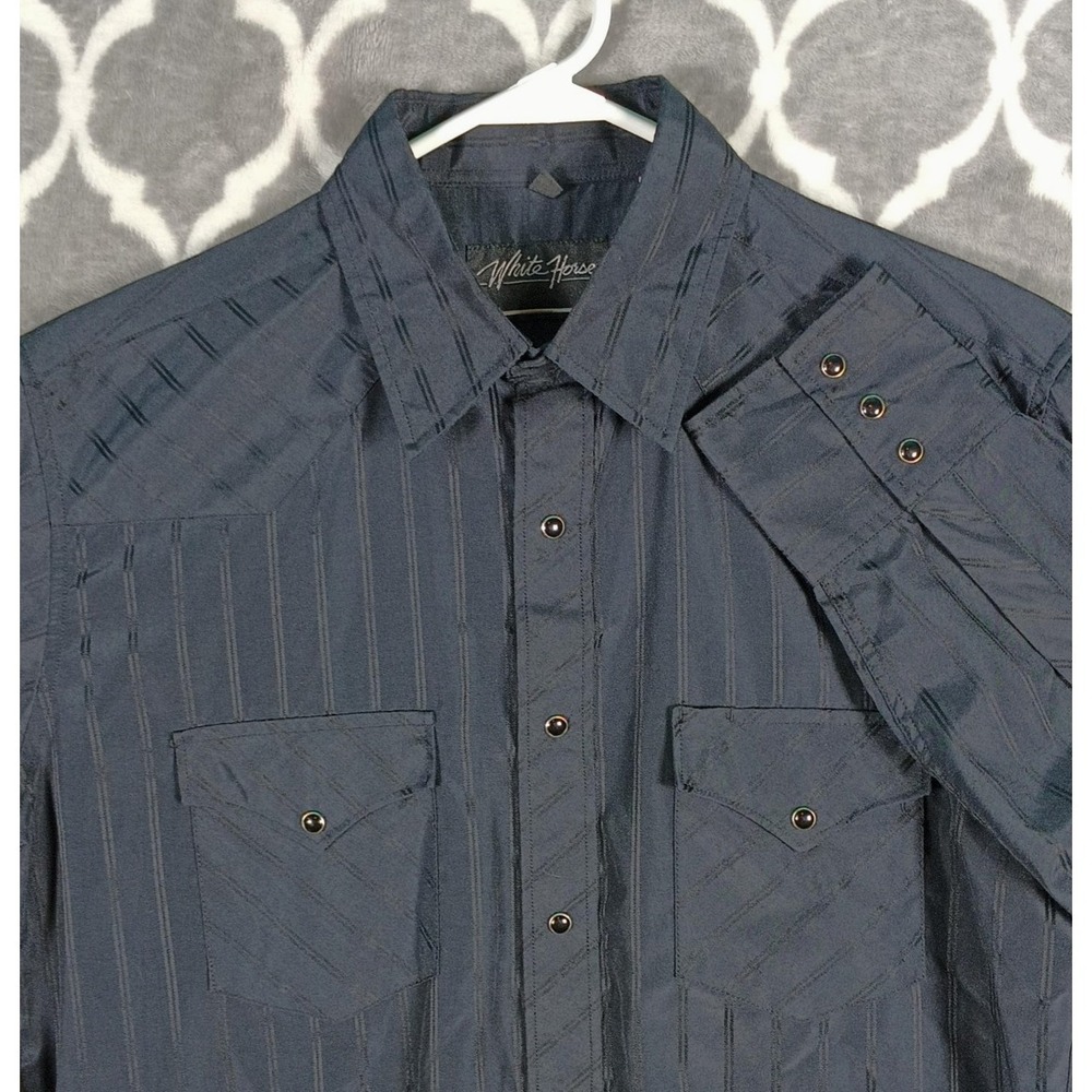 White Horse Western Shirt Men Medium Black Pinstripe Snap Dressy Cowboy Formal